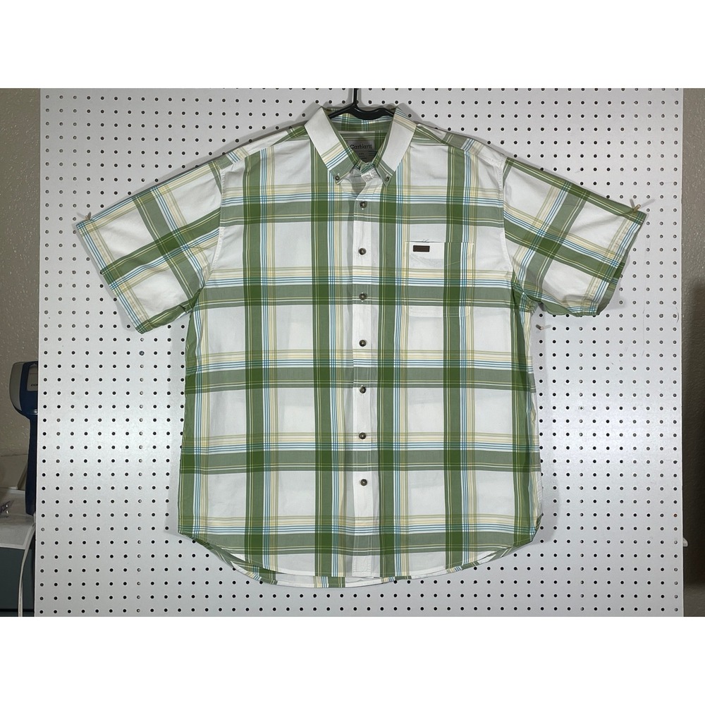 Carhartt Mens 2XL Tall Green Plaid Short Sleeve Button Down Cotton Shirt S186DLM